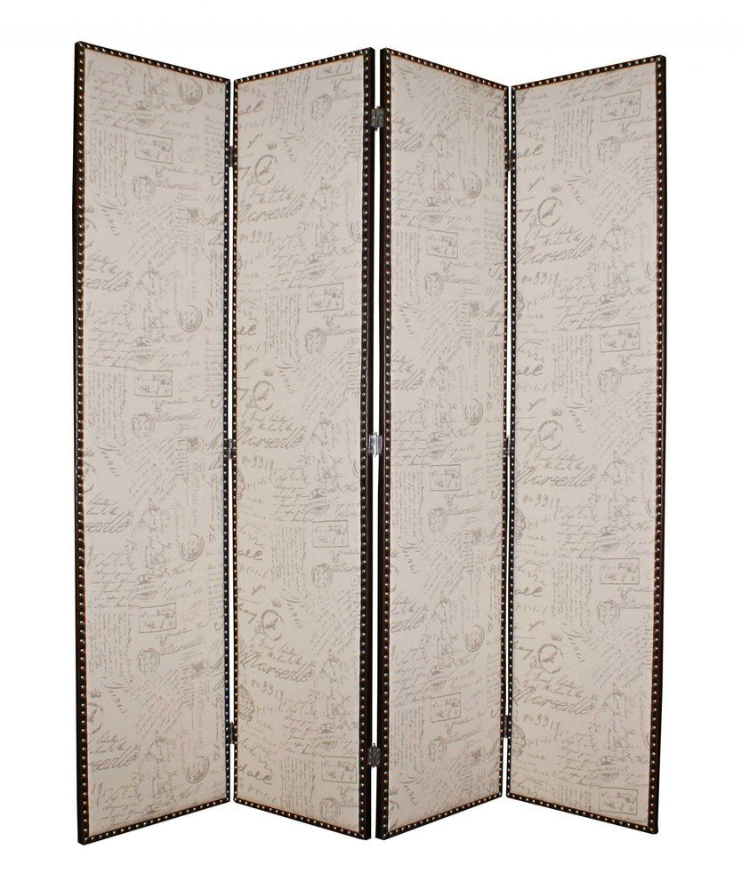 84" Tan Fabric Folding Four Panel Screen Room Divider HomeRoots