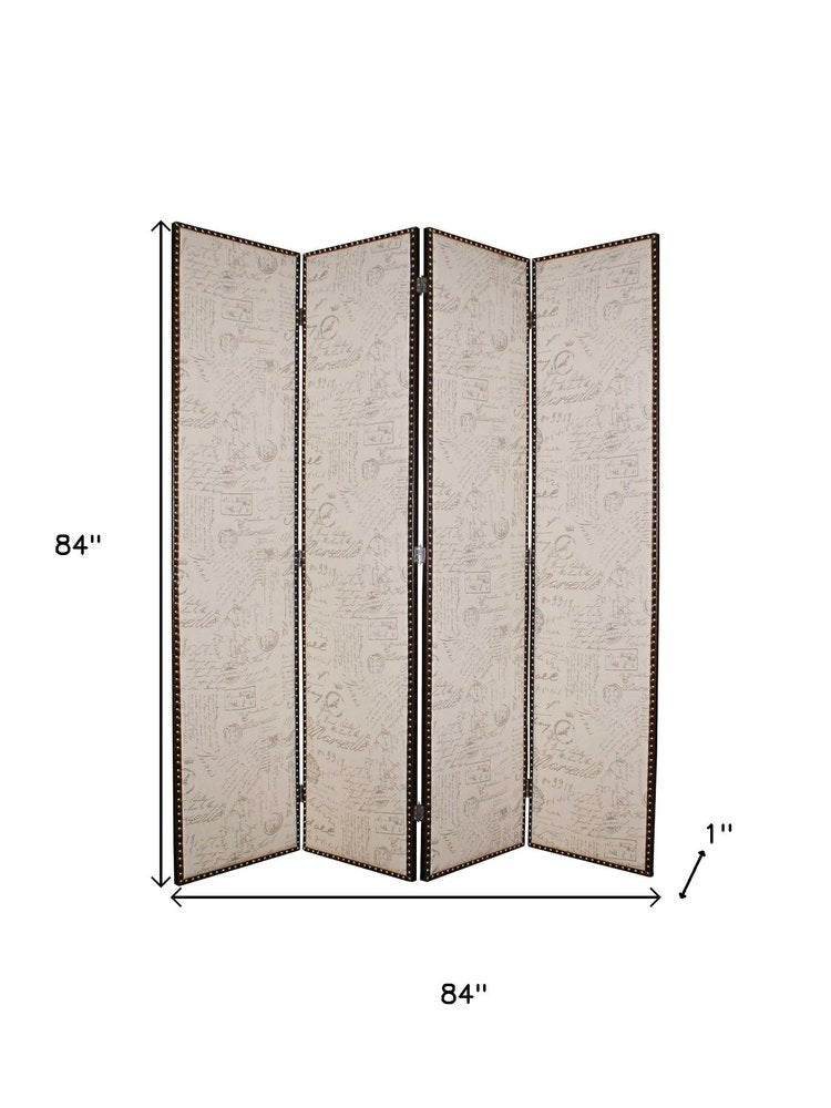 84" Tan Fabric Folding Four Panel Screen Room Divider HomeRoots