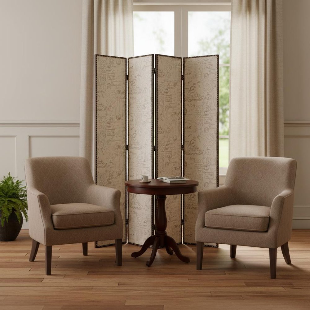84" Tan Fabric Folding Four Panel Screen Room Divider HomeRoots