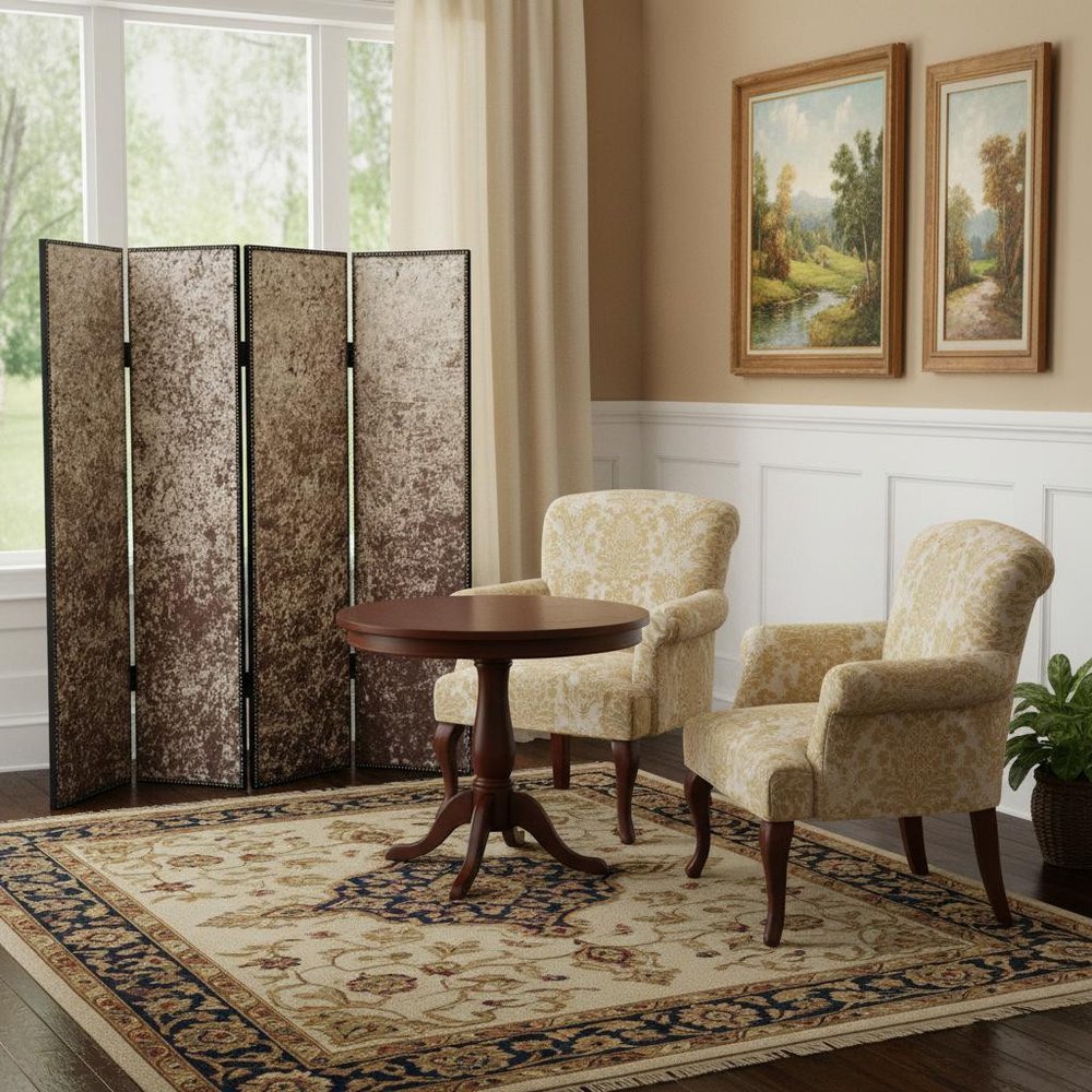 84" Tan Fabric Folding Four Panel Screen Room Divider HomeRoots