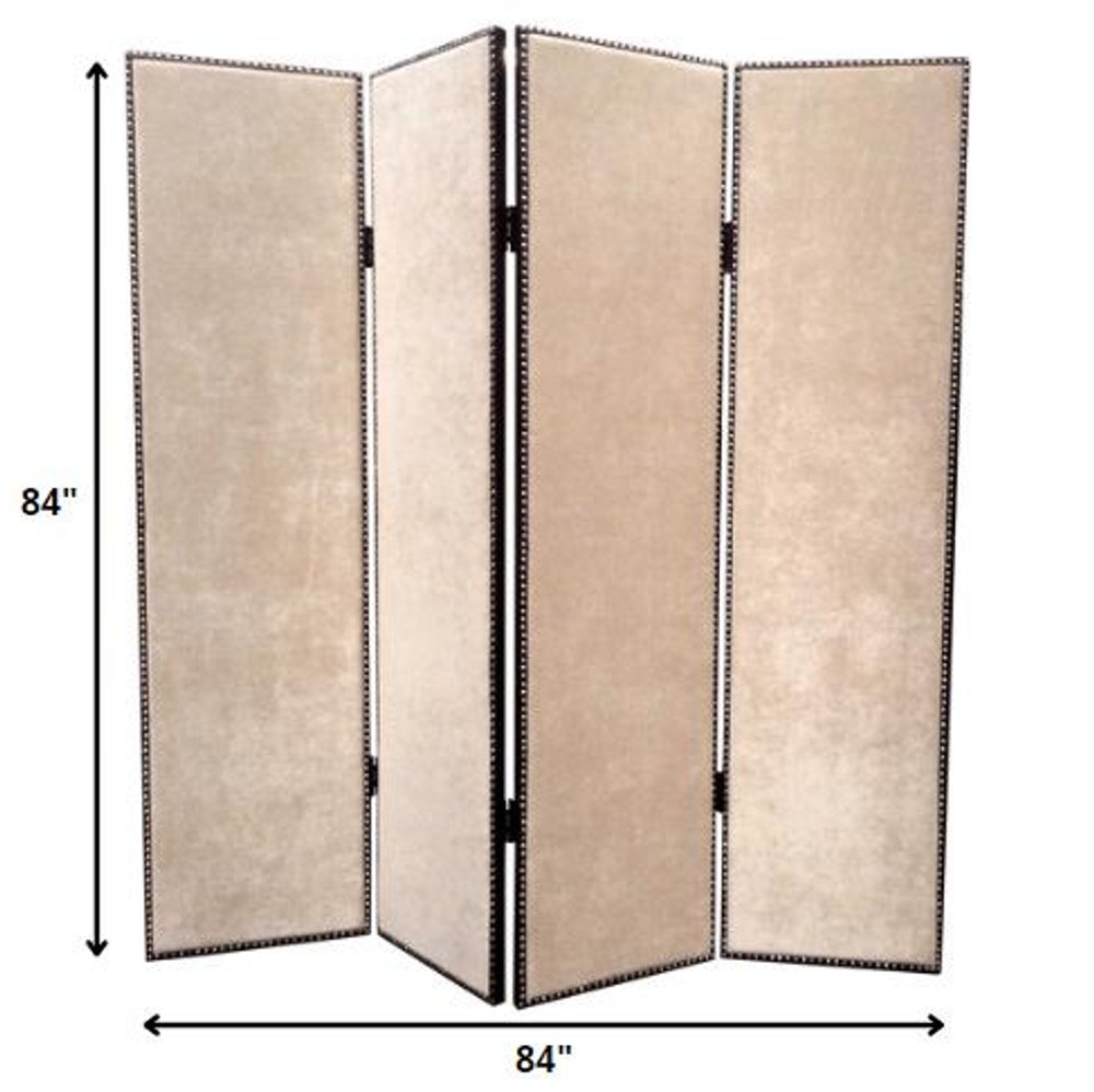 84" Tan Fabric Folding Four Panel Screen Room Divider HomeRoots