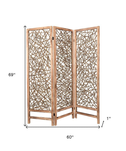 69" Brown Wood Folding Three Panel Screen Room Divider HomeRoots