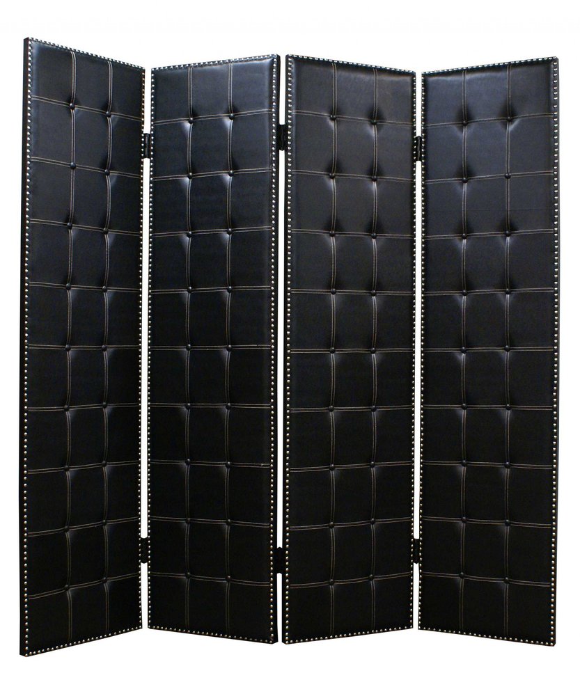 84" Black Faux Leather Folding Four Panel Screen Room Divider HomeRoots