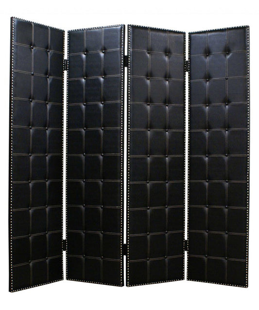 84" Black Faux Leather Folding Four Panel Screen Room Divider HomeRoots