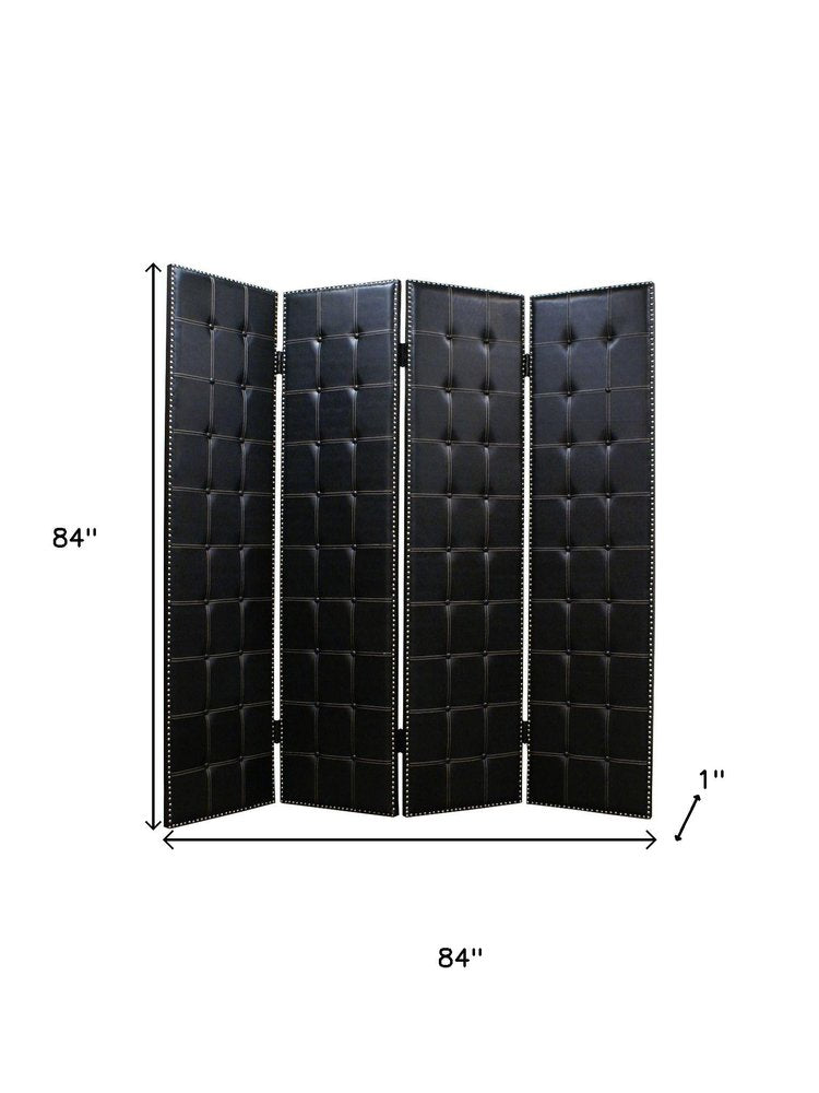 84" Black Faux Leather Folding Four Panel Screen Room Divider HomeRoots