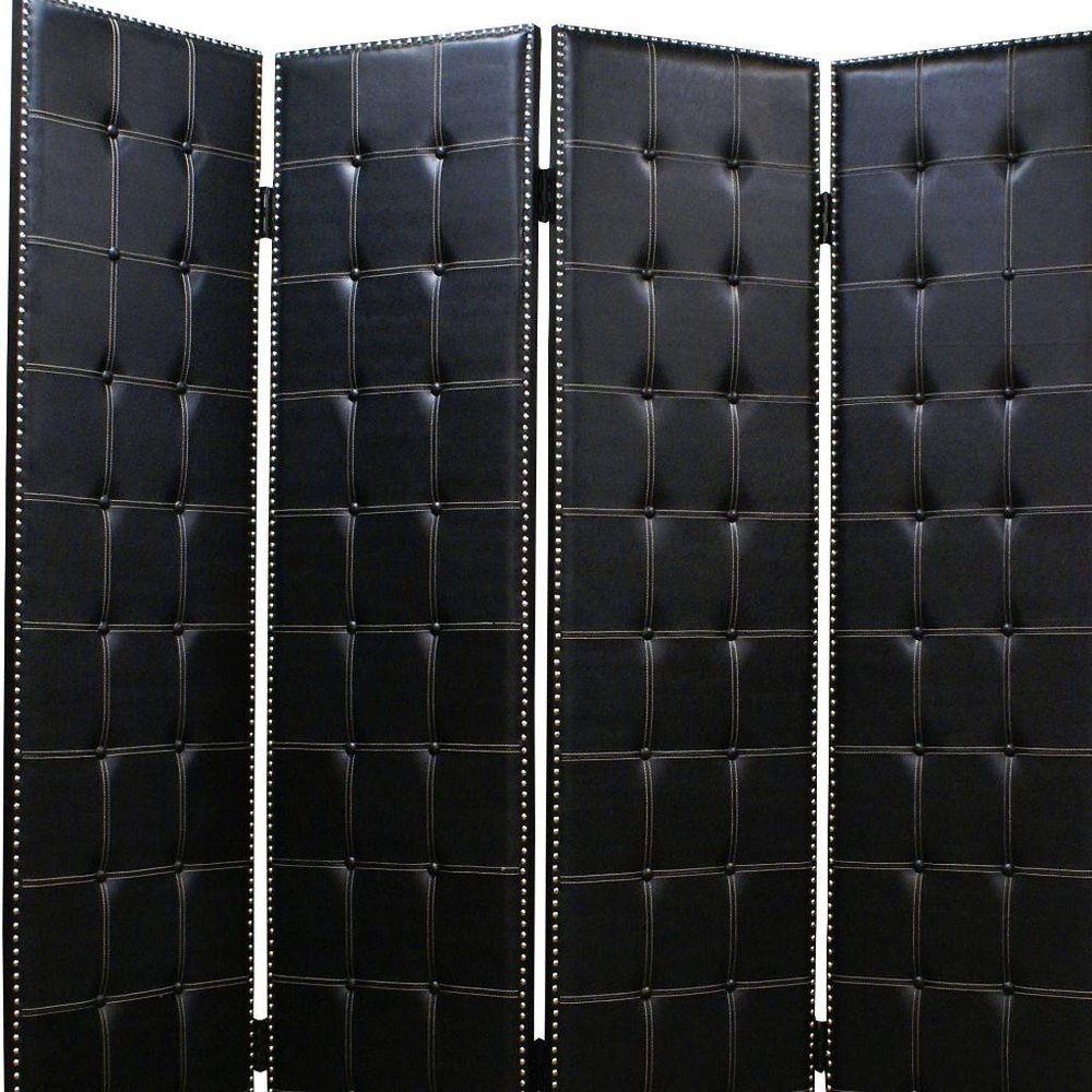 84" Black Faux Leather Folding Four Panel Screen Room Divider HomeRoots
