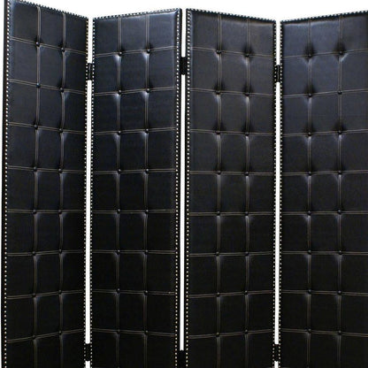84" Black Faux Leather Folding Four Panel Screen Room Divider HomeRoots