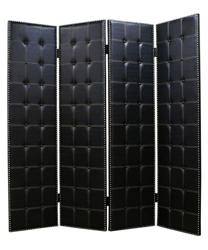84" Black Faux Leather Folding Four Panel Screen Room Divider HomeRoots