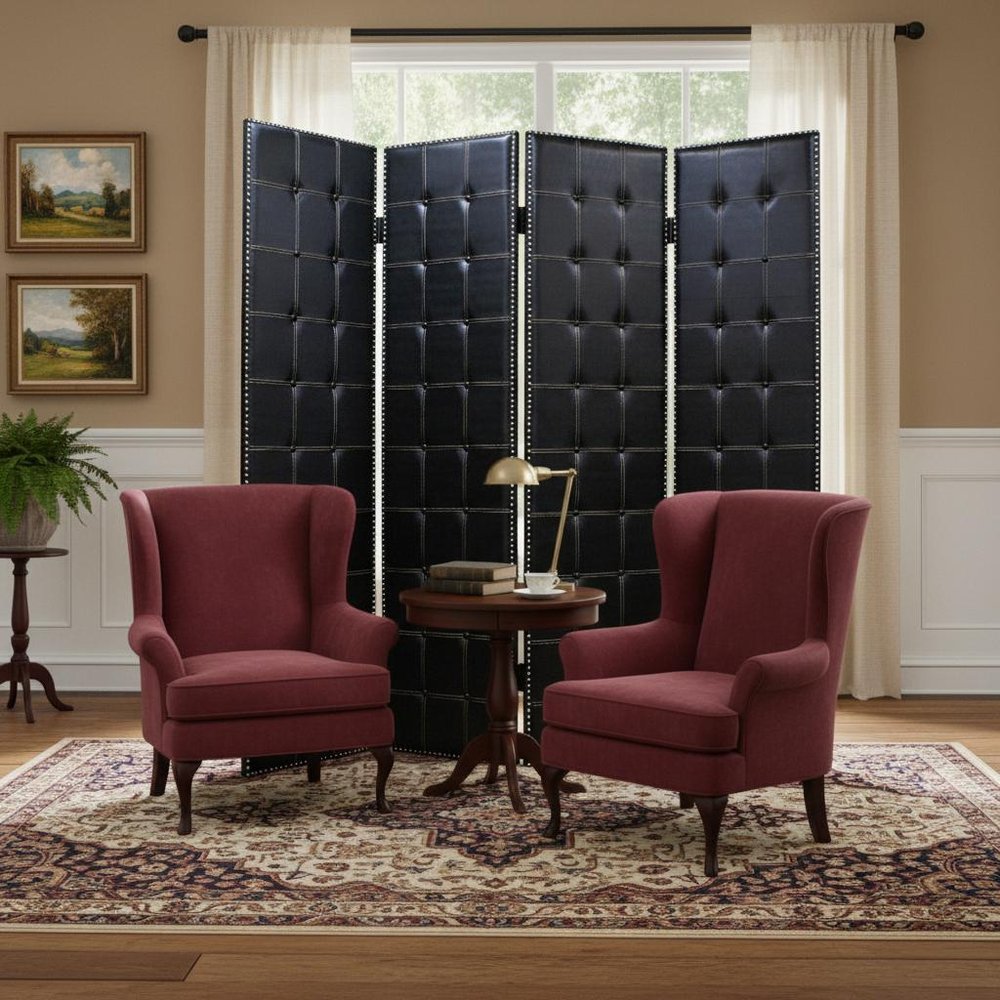 84" Black Faux Leather Folding Four Panel Screen Room Divider HomeRoots