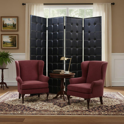 84" Black Faux Leather Folding Four Panel Screen Room Divider HomeRoots