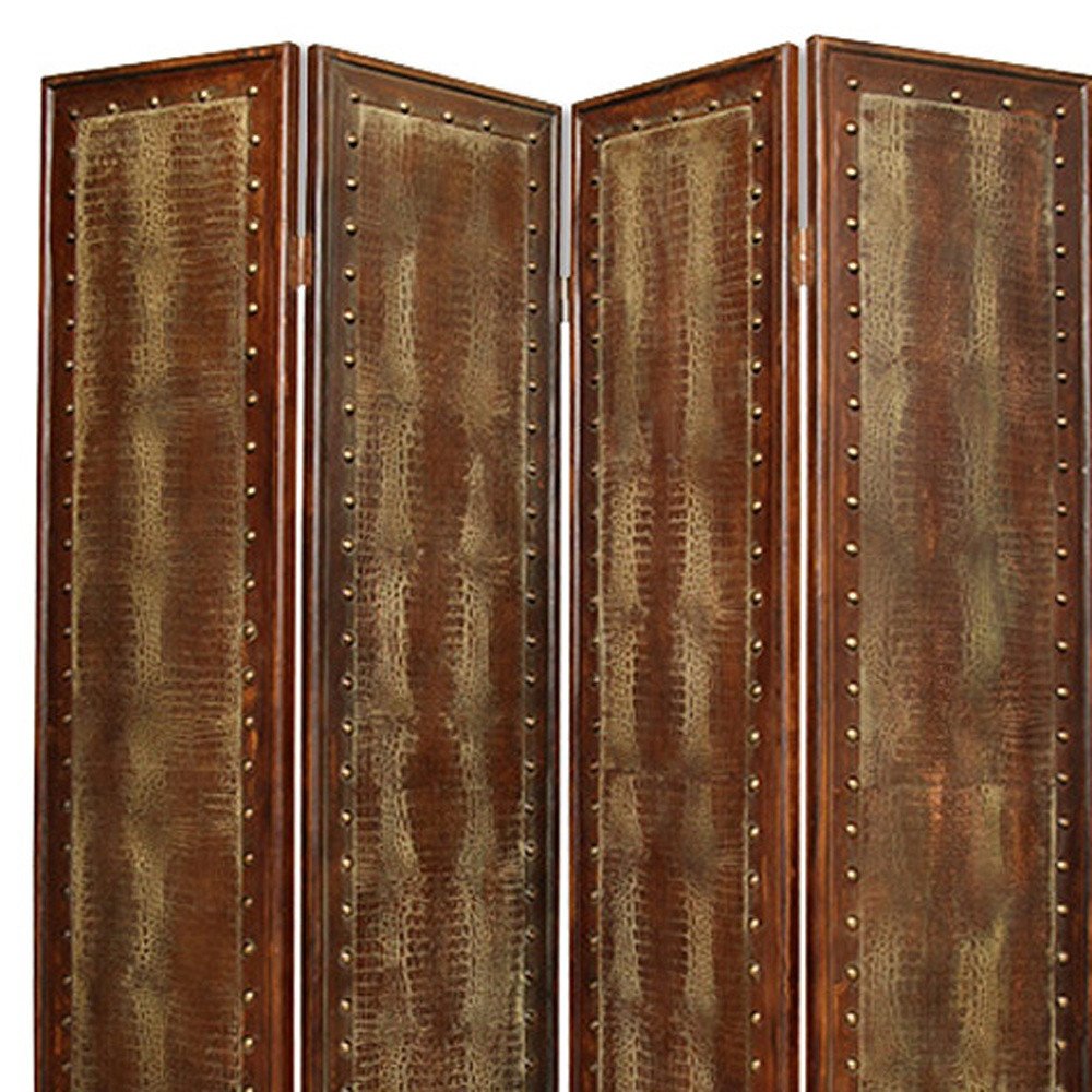 84" Brown Faux Leather Folding Four Panel Screen Room Divider HomeRoots