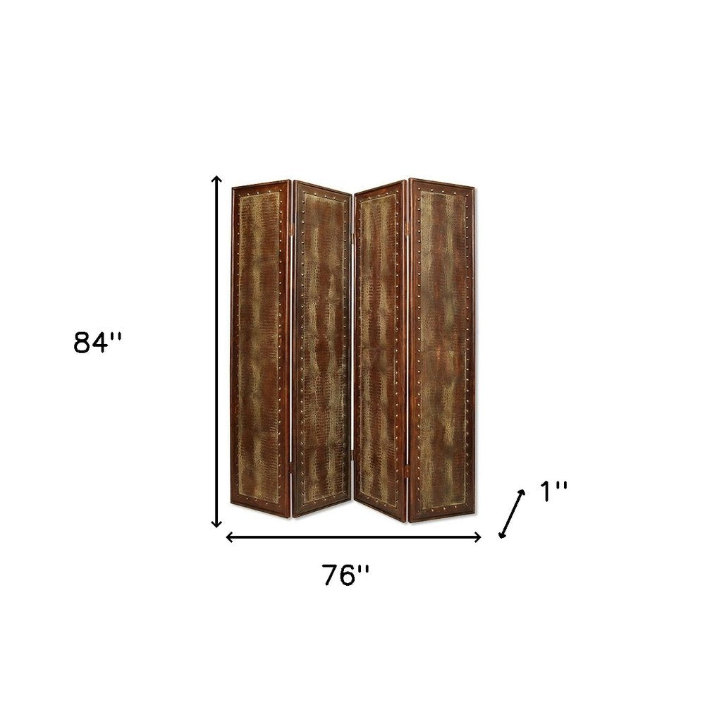 84" Brown Faux Leather Folding Four Panel Screen Room Divider HomeRoots