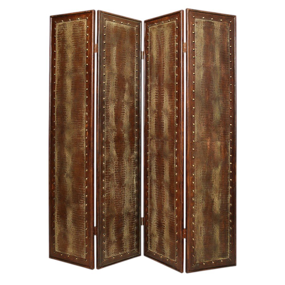 84" Brown Faux Leather Folding Four Panel Screen Room Divider HomeRoots