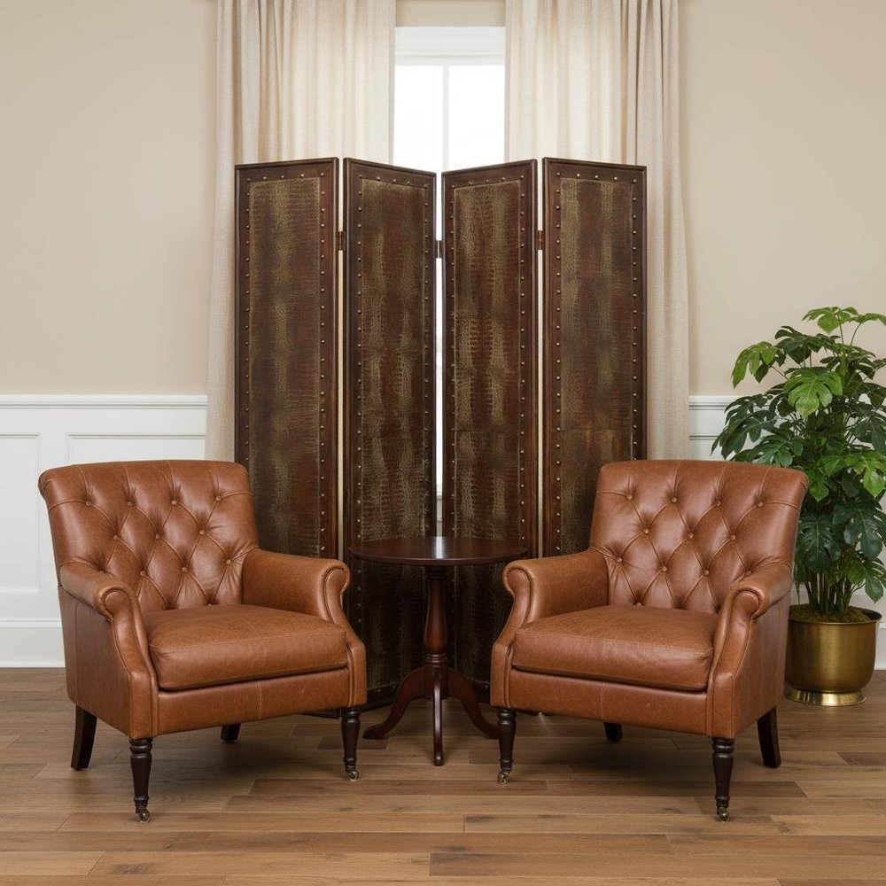 84" Brown Faux Leather Folding Four Panel Screen Room Divider HomeRoots