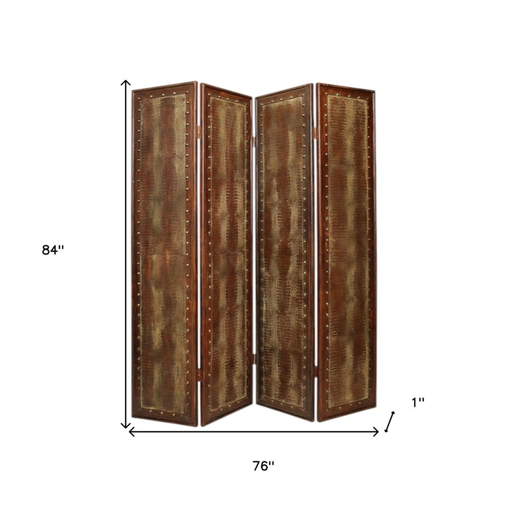 84" Brown Faux Leather Folding Four Panel Screen Room Divider HomeRoots