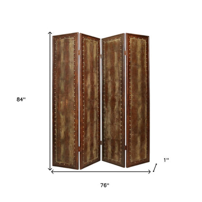 84" Brown Faux Leather Folding Four Panel Screen Room Divider HomeRoots