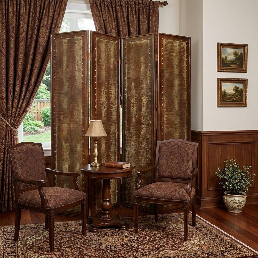 84" Brown Faux Leather Folding Four Panel Screen Room Divider HomeRoots