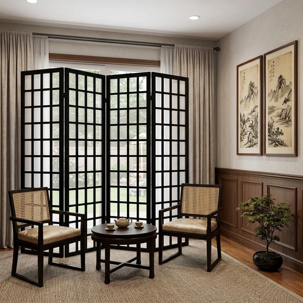 96" Black And White Folding Four Panel Screen Room Divider HomeRoots