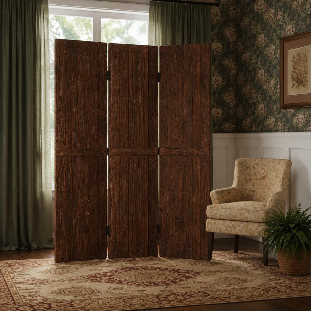 72" Brown Wood Folding Three Panel Screen Room Divider HomeRoots