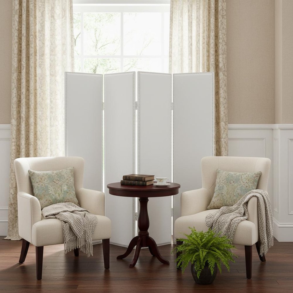 84" White Faux Leather Folding Four Panel Screen Room Divider HomeRoots