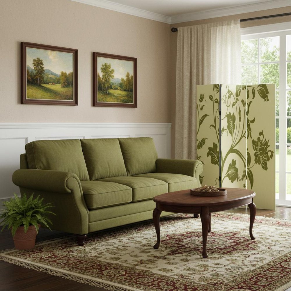 72" Green Canvas Folding Three Panel Screen Room Divider HomeRoots