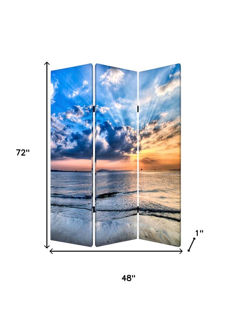 72" Blue Canvas Folding Three Panel Screen Room Divider HomeRoots