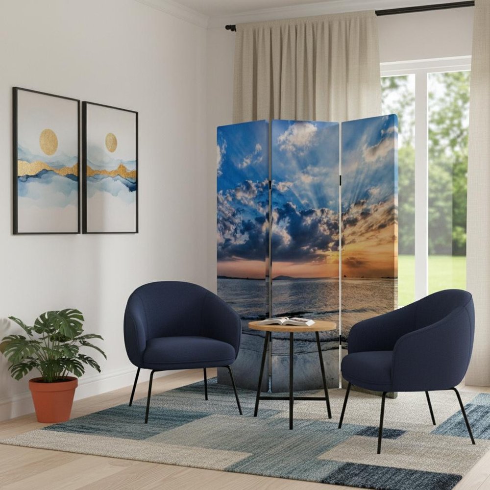 72" Blue Canvas Folding Three Panel Screen Room Divider HomeRoots