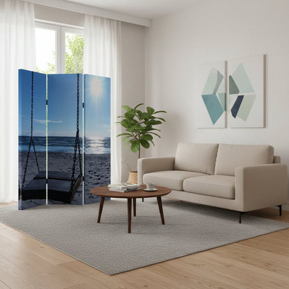 72" Blue Canvas Folding Three Panel Screen Room Divider HomeRoots