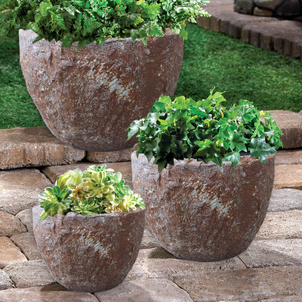 Set of Three 21" Brown Stone Indoor Outdoor Round Pot Planter HomeRoots