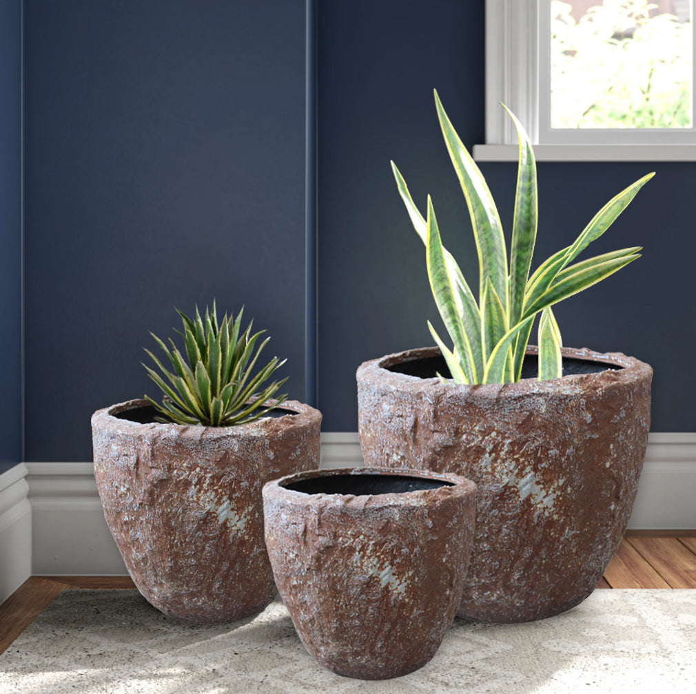 Set of Three 21" Brown Stone Indoor Outdoor Round Pot Planter HomeRoots