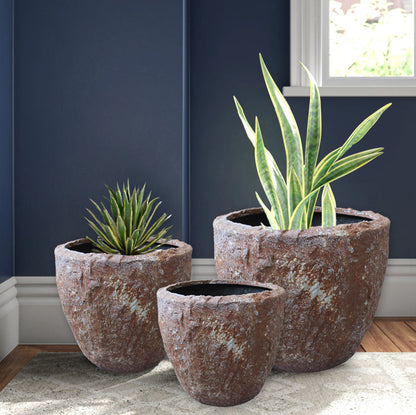 Set of Three 21" Brown Stone Indoor Outdoor Round Pot Planter HomeRoots