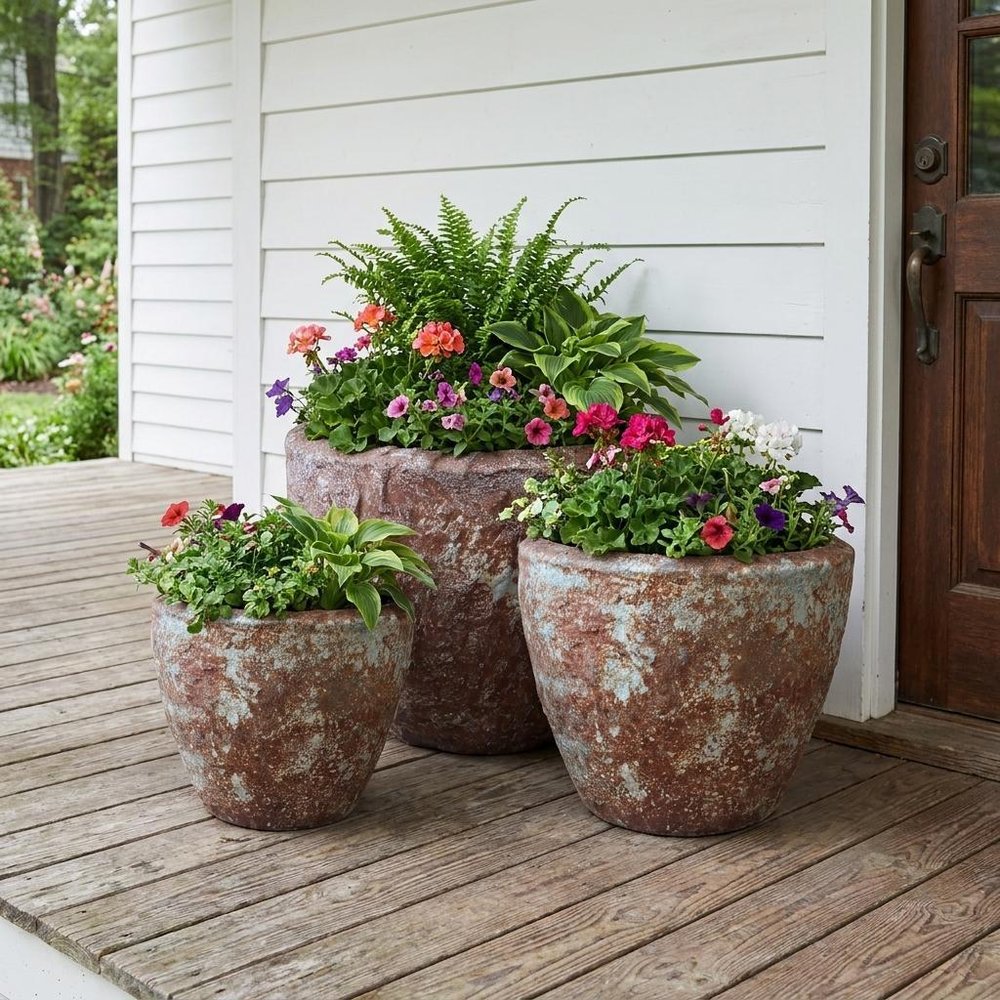 Set of Three 21" Brown Stone Indoor Outdoor Round Pot Planter HomeRoots