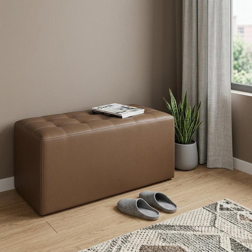 15" Tan Upholstered Faux Leather Bench HomeRoots