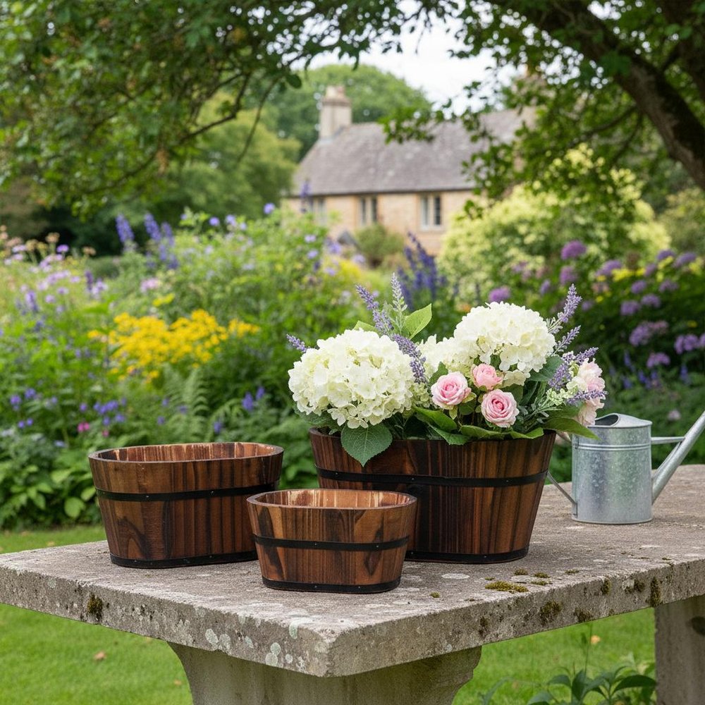 Set of Three Brown Solid Wood Rectangular Pot Planter HomeRoots