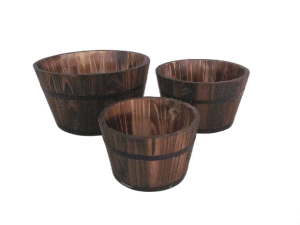 Set of Three Brown Solid Wood Round Pot Planter HomeRoots