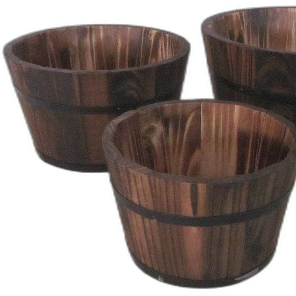 Set of Three Brown Solid Wood Round Pot Planter HomeRoots
