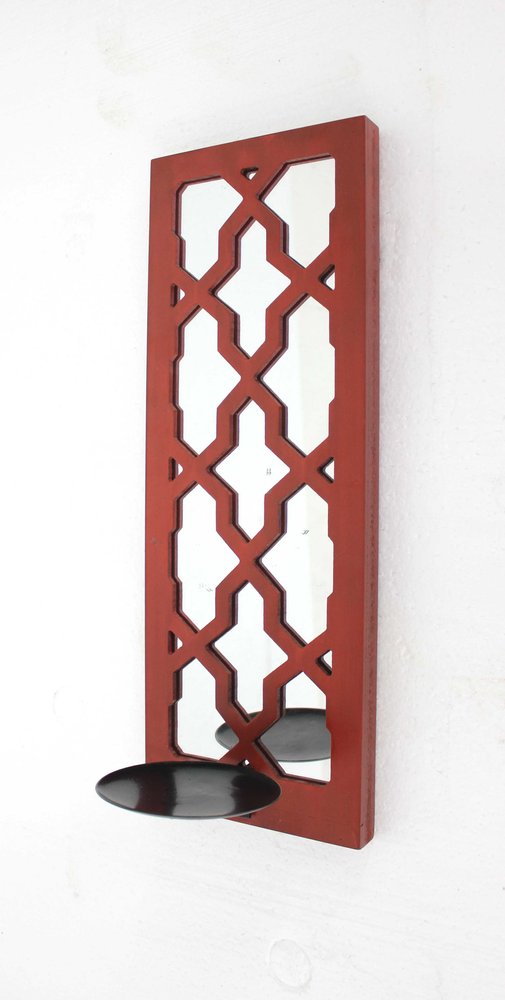 17" Red And Silver Geometric Solid Wood Wall Sconce Candle Holder HomeRoots