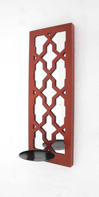 17" Red And Silver Geometric Solid Wood Wall Sconce Candle Holder HomeRoots