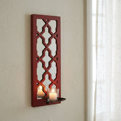 17" Red And Silver Geometric Solid Wood Wall Sconce Candle Holder HomeRoots