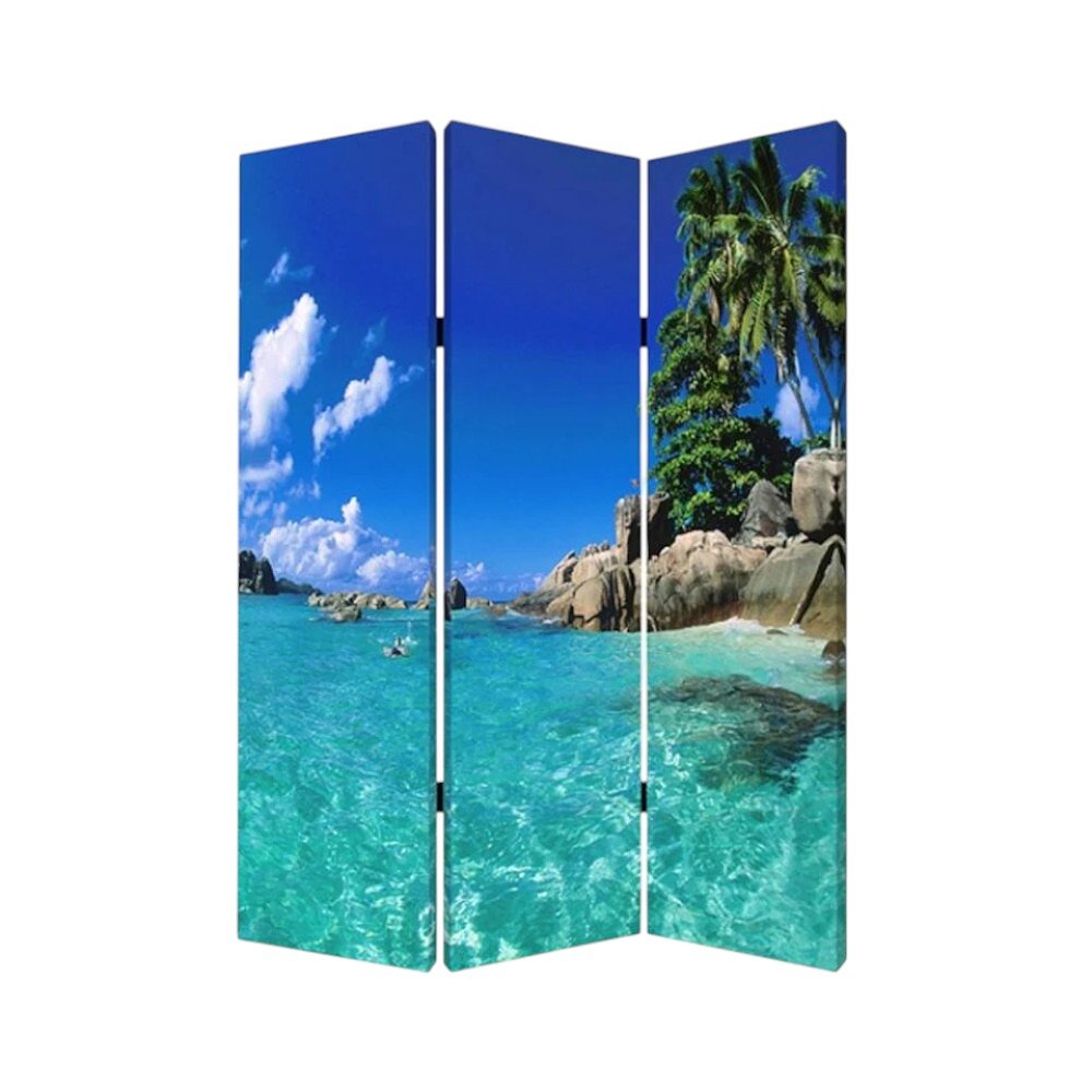 72" Blue And Green Canvas Folding Three Panel Screen Room Divider HomeRoots