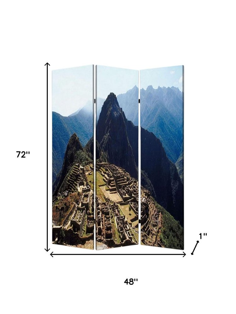 72" Blue And Green Canvas Folding Three Panel Screen Room Divider HomeRoots