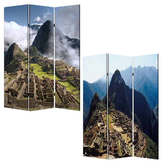 72" Blue And Green Canvas Folding Three Panel Screen Room Divider HomeRoots