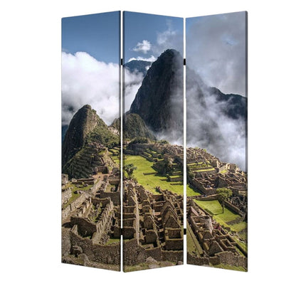 72" Blue And Green Canvas Folding Three Panel Screen Room Divider HomeRoots
