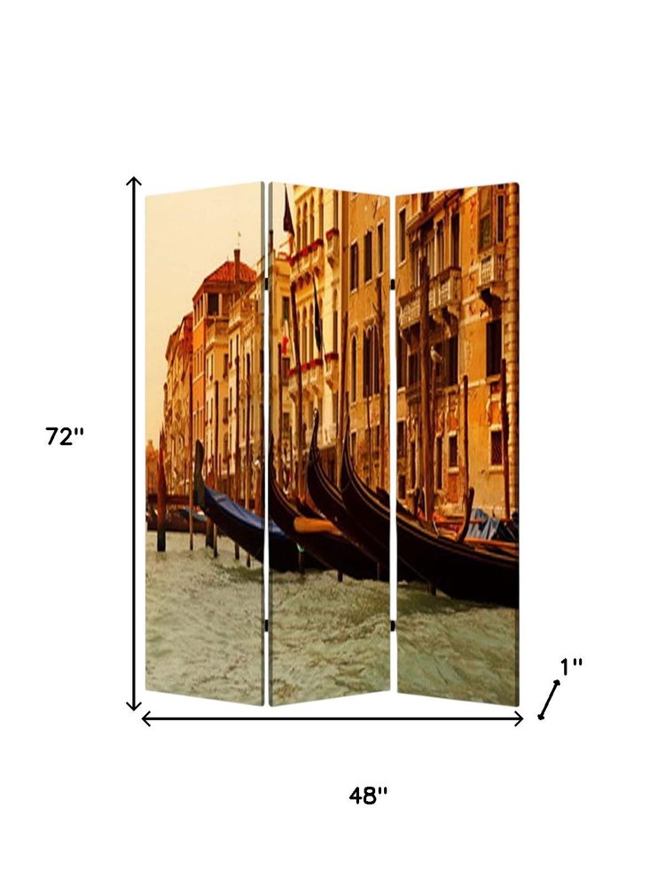 72" Brown Canvas Folding Three Panel Screen Room Divider HomeRoots