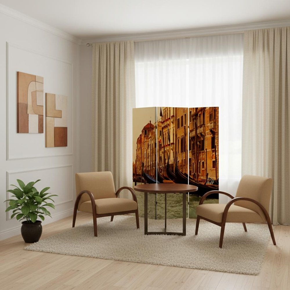 72" Brown Canvas Folding Three Panel Screen Room Divider HomeRoots