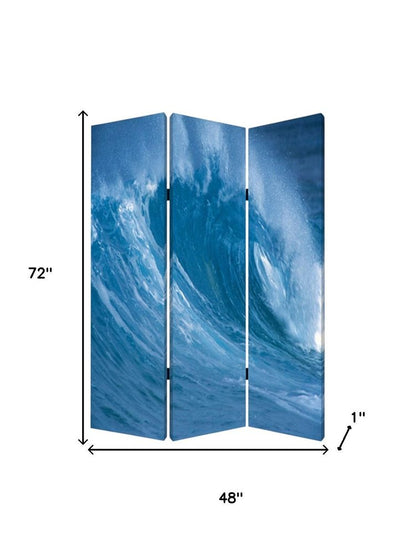72" Blue And White Canvas Folding Three Panel Screen Room Divider HomeRoots