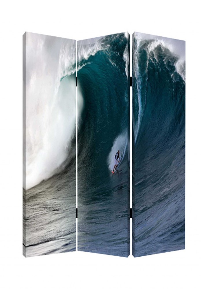 72" Blue And White Canvas Folding Three Panel Screen Room Divider HomeRoots
