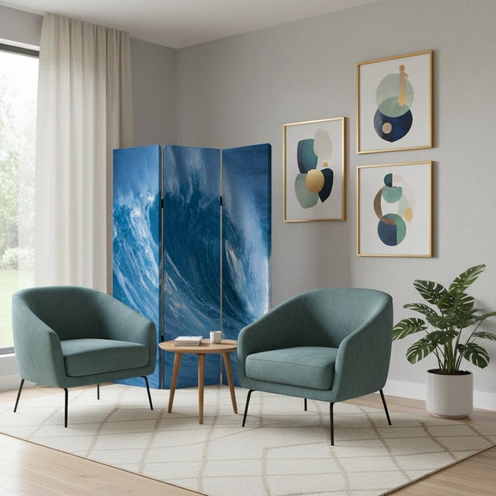 72" Blue And White Canvas Folding Three Panel Screen Room Divider HomeRoots