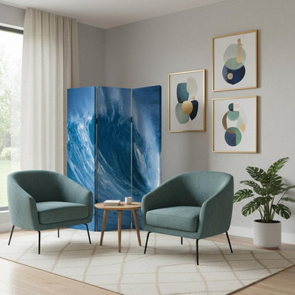 72" Blue And White Canvas Folding Three Panel Screen Room Divider HomeRoots