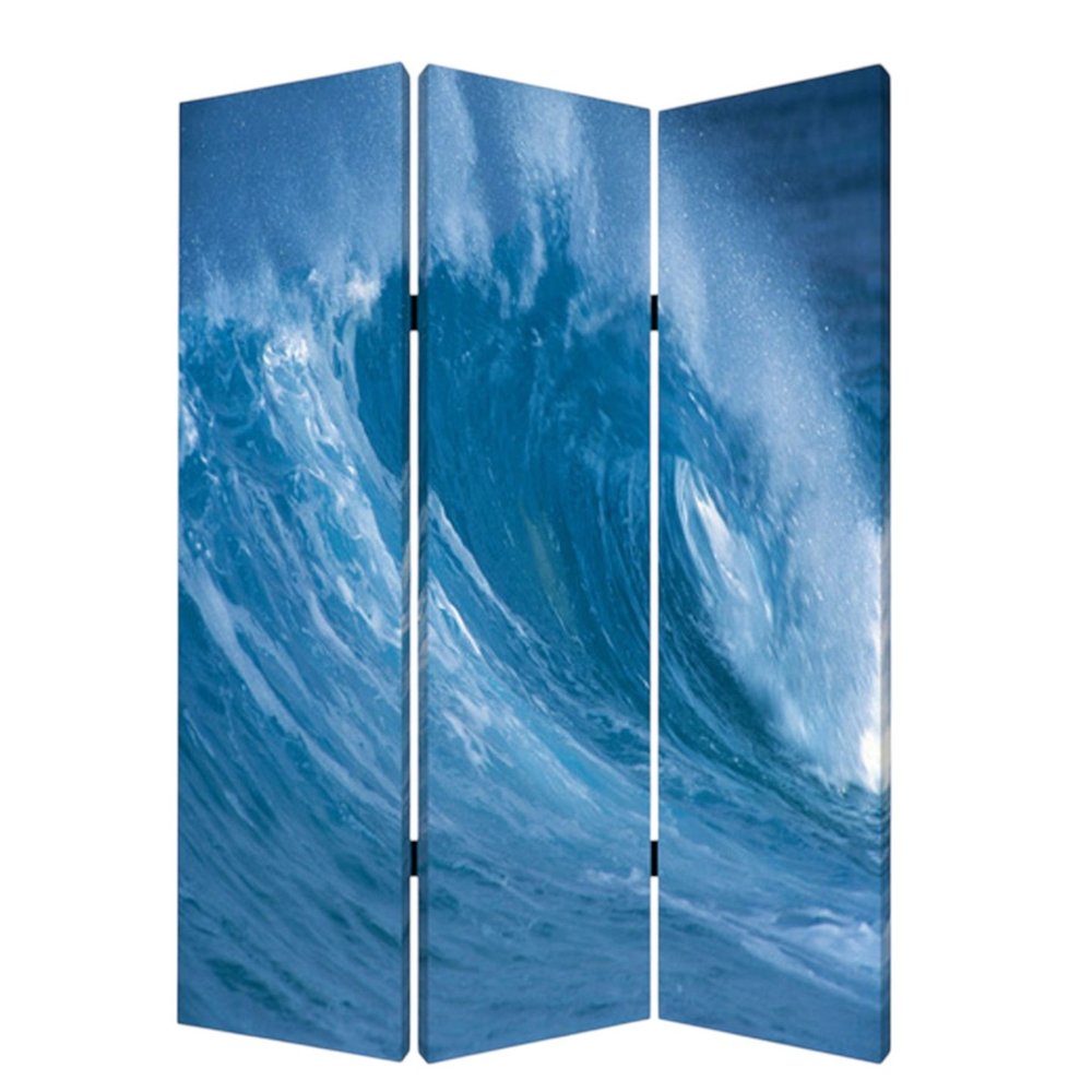 72" Blue And White Canvas Folding Three Panel Screen Room Divider HomeRoots